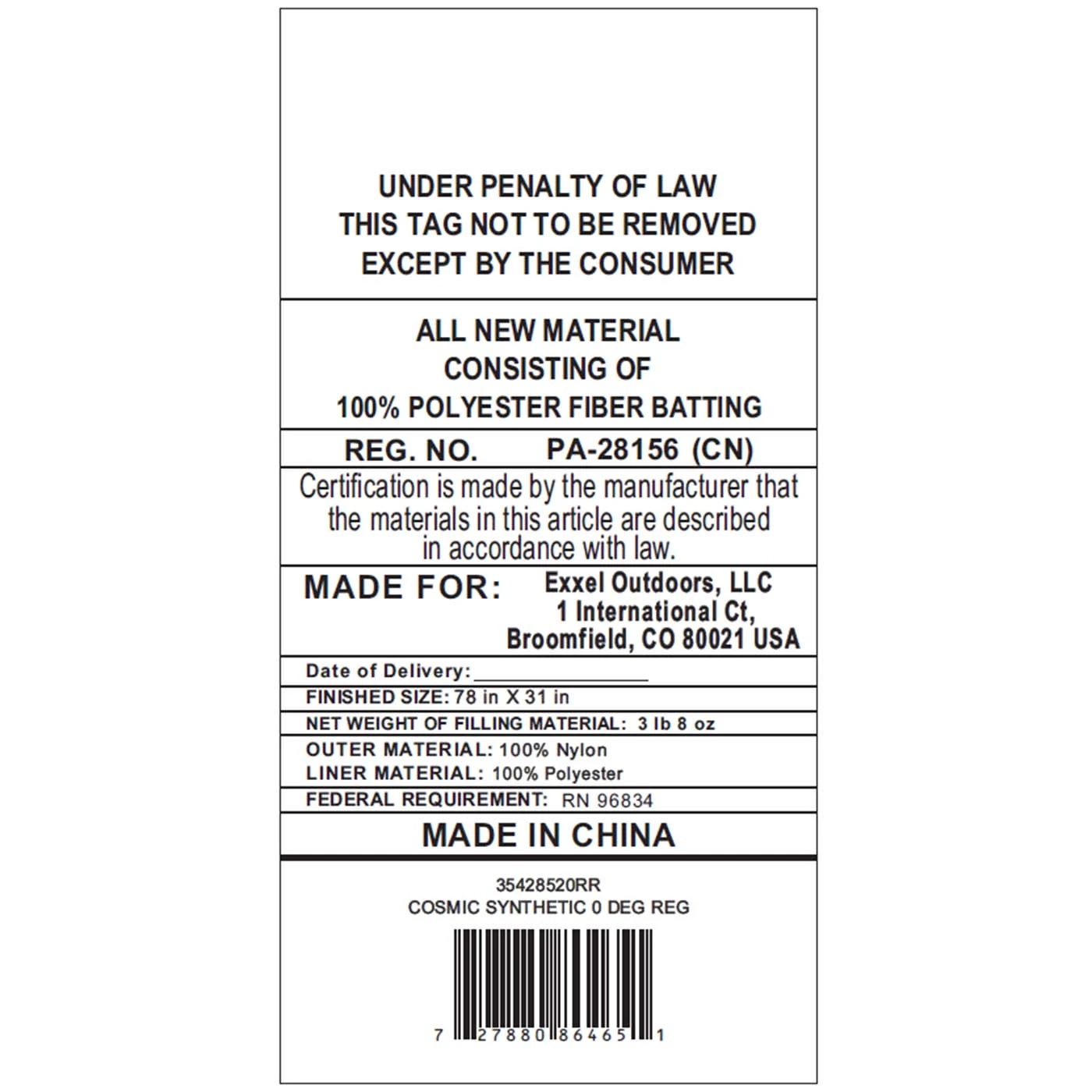 Kelty Cosmic Synthetic 0 Deg Sleeping Bag - Regular 6 Kelty Cosmic Synthetic 0 Deg Sleeping Bag - Regular - Image 6